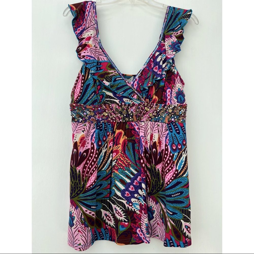 Boston Proper Multicolor Sleeveless Sequin Beaded Ruffle Strap V neck Top